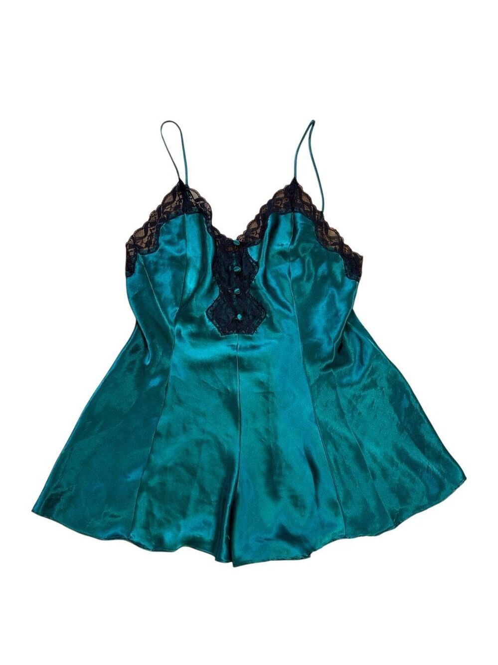 90s Vintage Emerald Green Satin and Black Lace Ruff Romper Medium